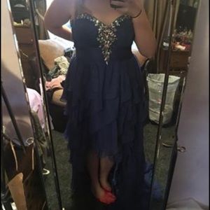 Royal blue hi-low prom dress.